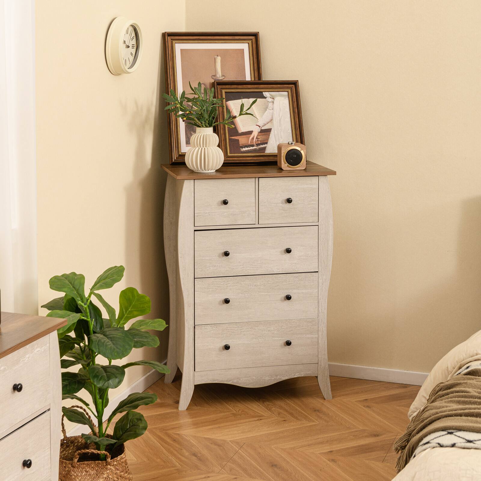 Alt View 3. Gymax - Gymax 2PCS 38'' Farmhouse Chest of Drawers w/ 5 Folding Fabric Drawers & Anti-tipping Kit Gray - Gray.