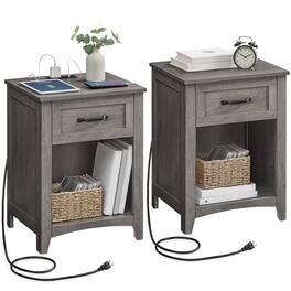 Songmics Home - Farmhouse Nightstands with Charging Station, Set of 2, Bedside Tables with Drawer, Open Compartment - Misty Gray