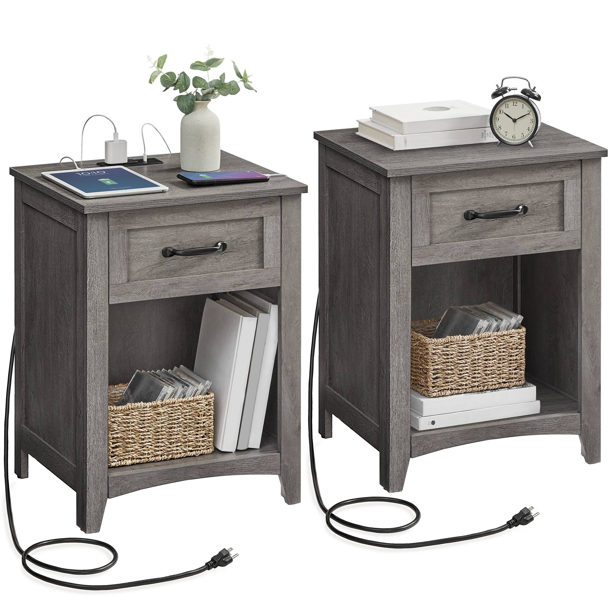 Front. Songmics Home - Farmhouse Nightstands with Charging Station, Set of 2, Bedside Tables with Drawer, Open Compartment - Misty Gray.