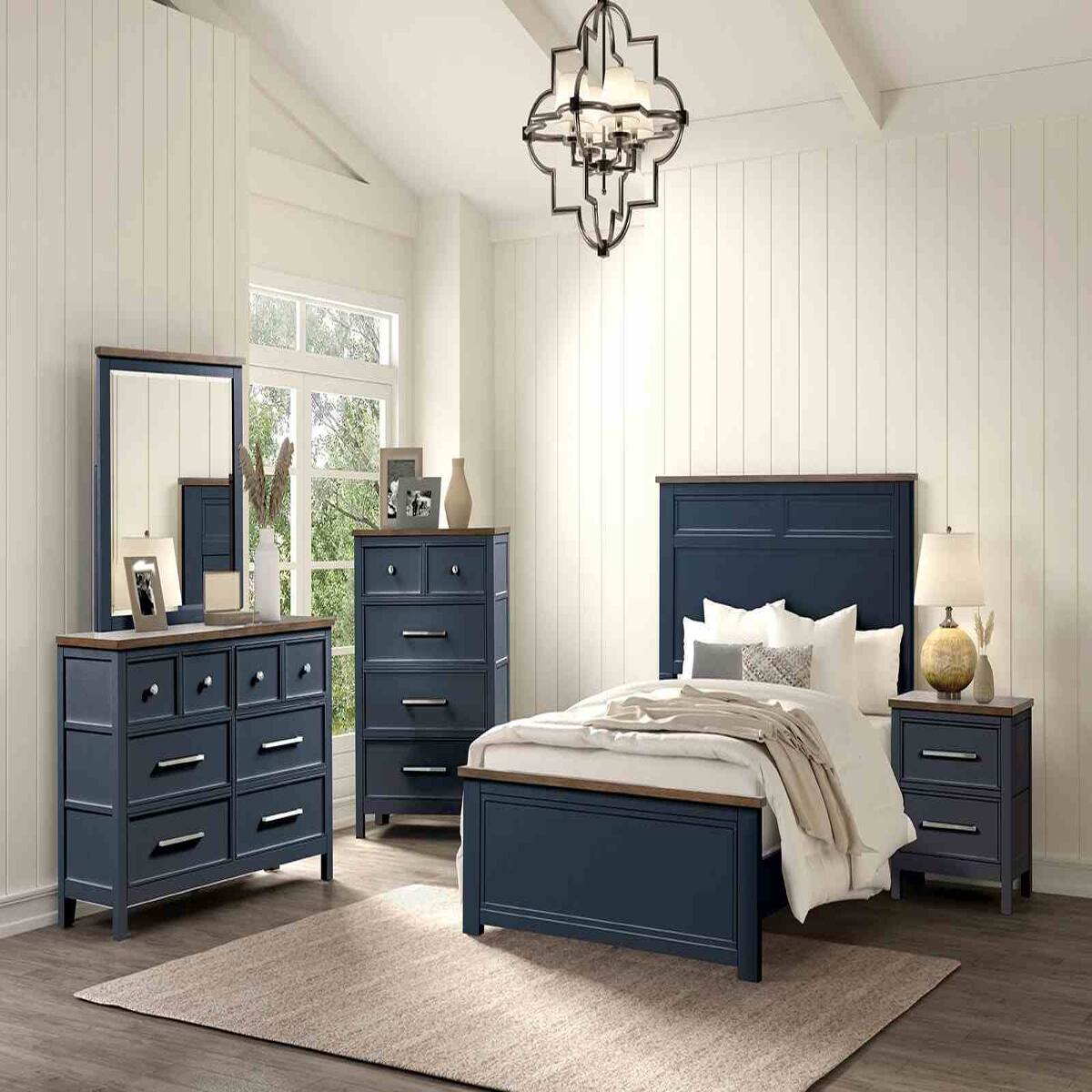 Alt View 6. Loheer - Loheer Modern Farmhouse Nightstand, Two-Tone Blue and Dark Brown, Two Drawers - Blue and Dark Brown.