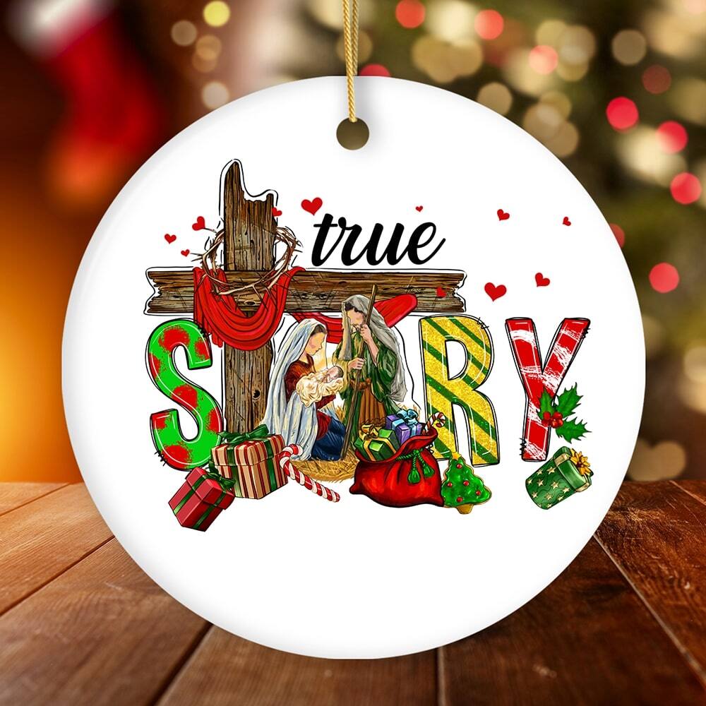 Back. OrnamentallyYou - True Story Joseph and Mary Holiday Festive Christmas Ornament Christian Nativity Gift Circle - Multi-colored.