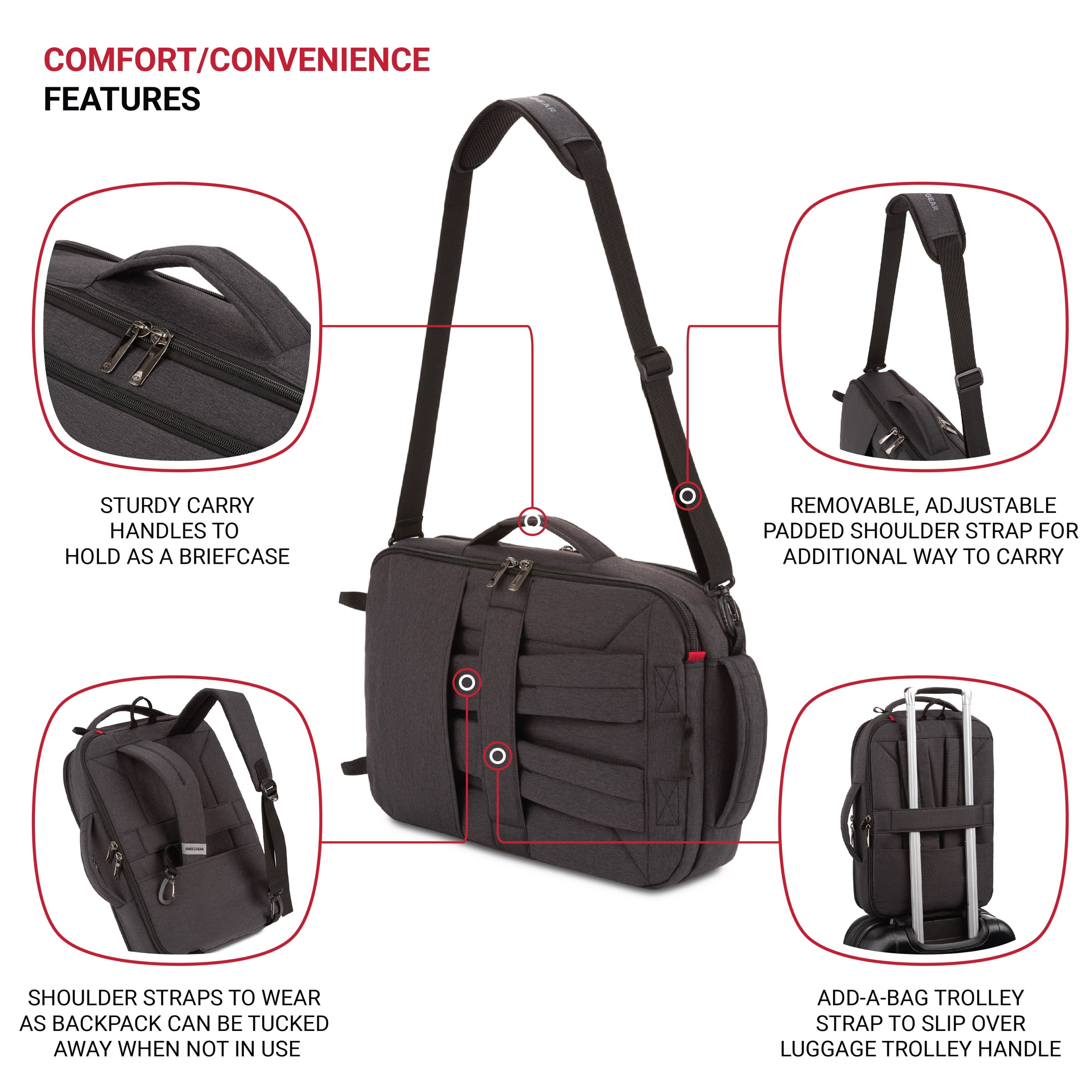 The image features a variety of bags with different features, including a backpack, a briefcase, and a trolley strap. The backpack has sturdy carry handles and a padded shoulder strap, making it convenient for carrying items. The briefcase also has a padded shoulder strap, allowing for additional carrying options. The trolley strap can be used to slip over a luggage trolley handle, providing an easy way to transport the bags. These features make the bags comfortable and convenient for various situations.