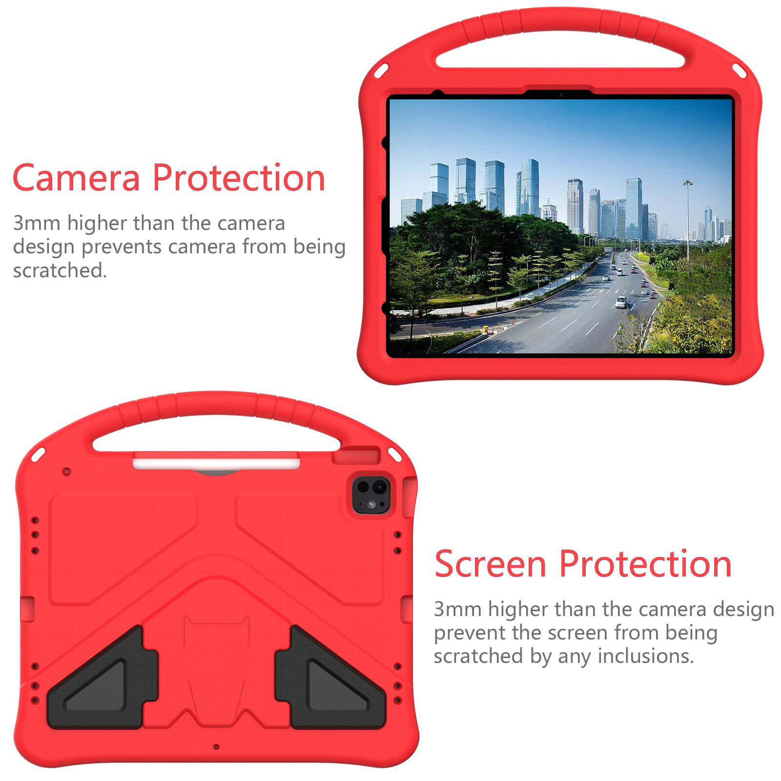 Camera Protection  
3mm higher than the camera design prevents camera from being scratched.  

Screen Protection  
3mm higher than the camera design prevent the screen from being scratched by any inclusions.