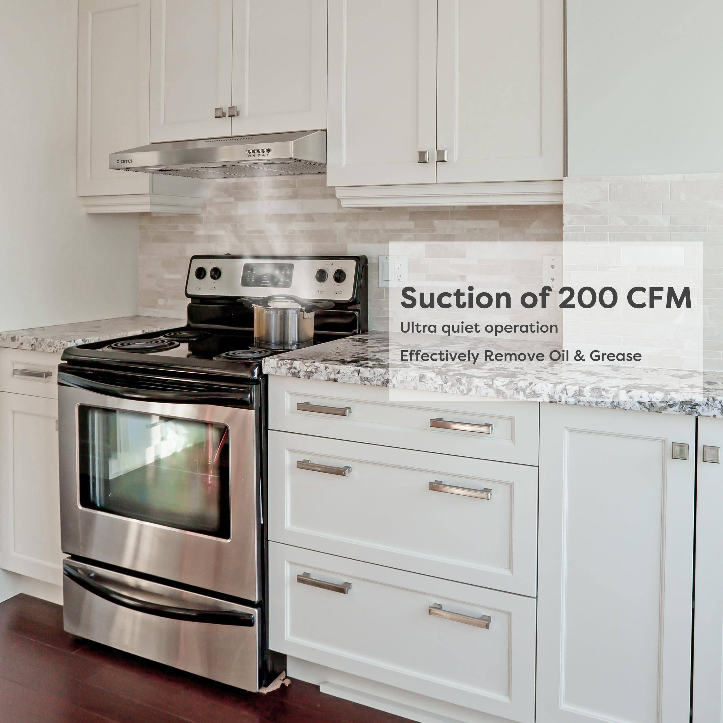 Suction of 200 CFM  
Ultra quiet operation  
Effectively Remove Oil & Grease