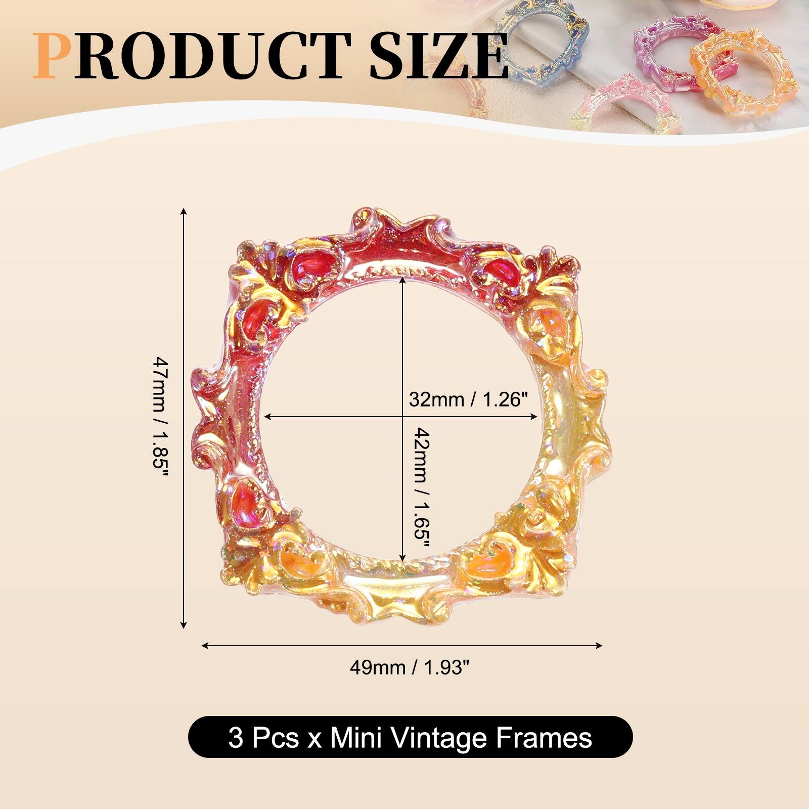PRODUCT SIZE

47mm / 1.85"  
32mm / 1.26"  
42mm / 1.65"  
49mm / 1.93"  

3 Pcs x Mini Vintage Frames