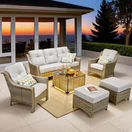 Ovios - 6 PCS Outdoor Patio Furniture Set 3 Seat Sofa Rattan Armchairs with Ottomans & Coffee Table - Gray