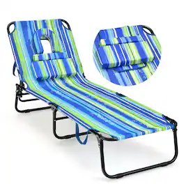 Gymax - 5-Position Lounge Chair Adjustable Beach Chaise w/ Face Cavity & Pillows Blue & Green - Blue,Green,Black