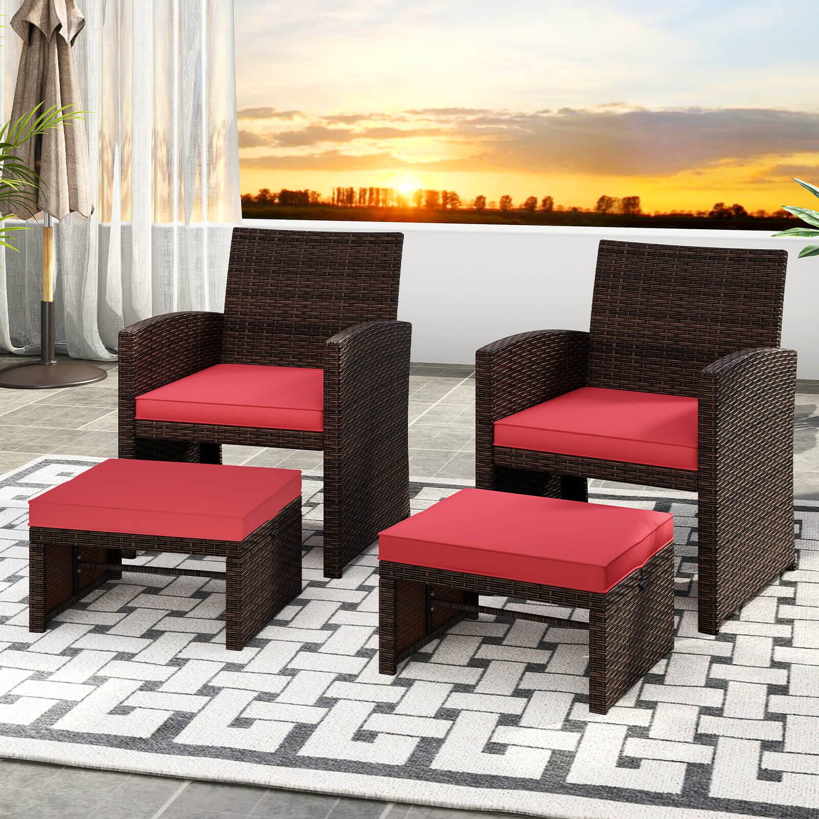 Alt View 3. Costway - Costway 2 PCS Patio PE Rattan Ottomans with Soft Zippered Cushions for Deck Outdoor Red - Red.