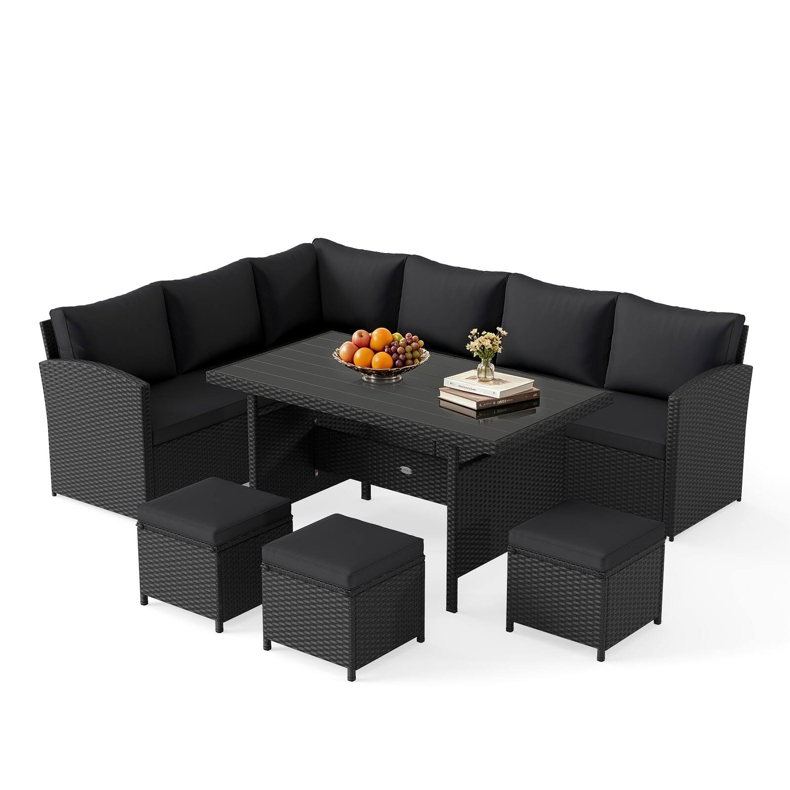 Front. Costway - Costway 7PCS Rattan Patio Furniture Set, Outdoor Wicker Sectional Sofa with Plush Cushions - Mix Black+Black.