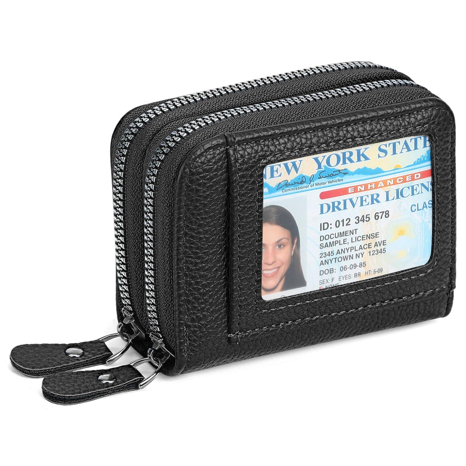 Front. Jadie Link - Credit Card Holder Wallet Rfid Blocking Leather Small Women Double Zipper Window Card Holder credit card wallet made - A-Black.