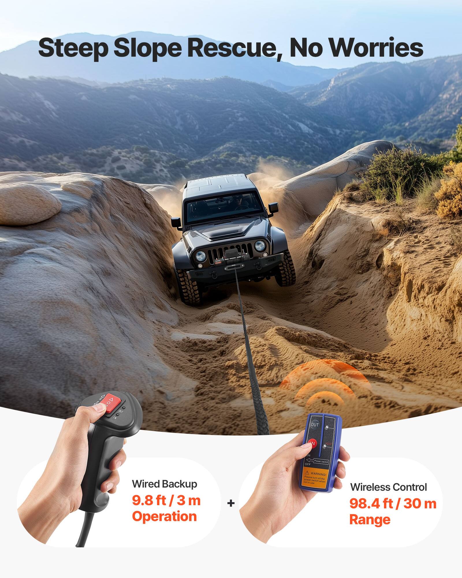 Steep Slope Rescue, No Worries

Wired Backup 9.8 ft / 3 m Operation

Wireless Control 98.4 ft / 30 m Range