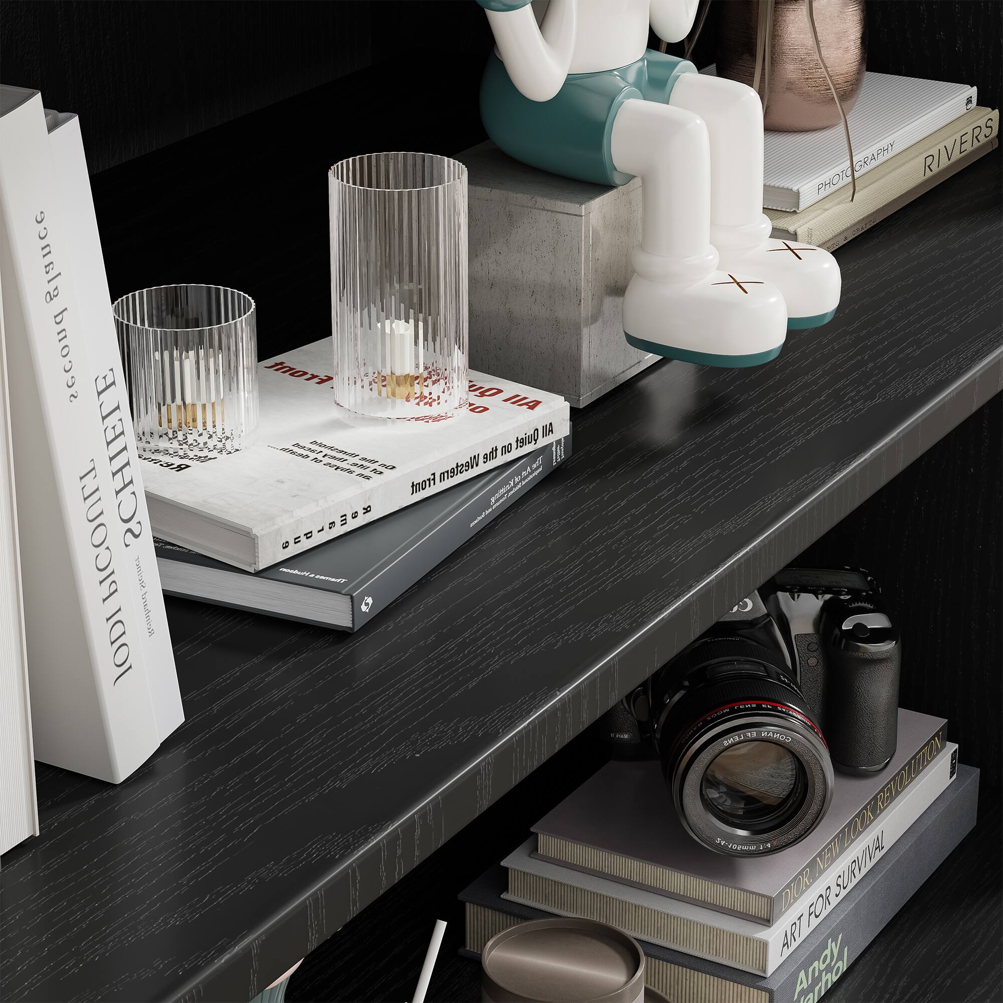 Sure, here is the corrected and grouped text from the image:

1. **Books:**
   - "RIVERS"
   - "PHOTOGRAPHY"
   - "ART FOR SURVIVAL"
   - "DIOR NEW LOOK REVOLUTION"
   - "Andy Warhol"
   - "ZACHIE"
   - "LODI"
   - "202"
   - "Rivers"
   - "PHOTOGRAPHY"
   - "ART FOR SURVIVAL"
   - "DIOR NEW LOOK REVOLUTION"
   - "Andy Warhol"
   - "ZACHIE"
   - "LODI"
   - "202"

2. **Text on the Glass:**
   - "glance second PICOULT SCHIELE BR Vaturca d bdivt IODI Front 0H gl HIA BA - MAET Mne 09 Quiet IA - VAS - the N Pente M NF ad Western M - Front p - ACOT 5 GRAPHY RIVERS PHOIO .d. N. CONAN SEAENS RETOLUTION ITIOV REIUL T- . AI NOO7 SURVIVAL DAOR FOR ART rhol MA"

3. **Other