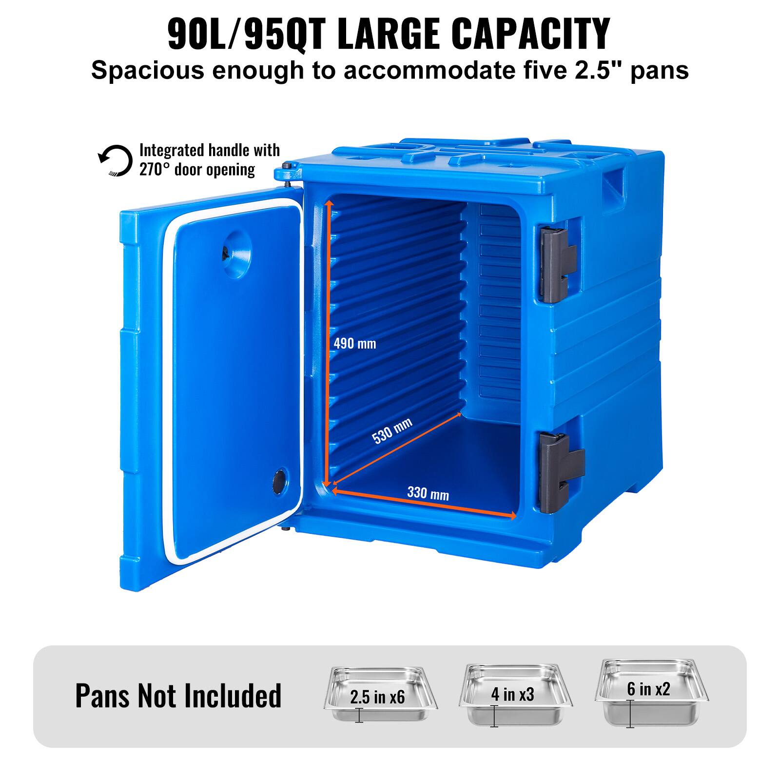 90L/95QT LARGE CAPACITY, Spacious enough to accommodate five 2.5" pans, Integrated handle with 270 door opening, 490 mm, 530 mm, 330 mm, Pans Not Included, 2.5 in x6, 4 in x3, 6 in x2.