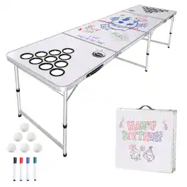 VEVOR - 8 Foot Portable Beer Pong Table, Folding Tailgate Table, Cup Holes, Dry Erase Markers and Carrying Handles - Black