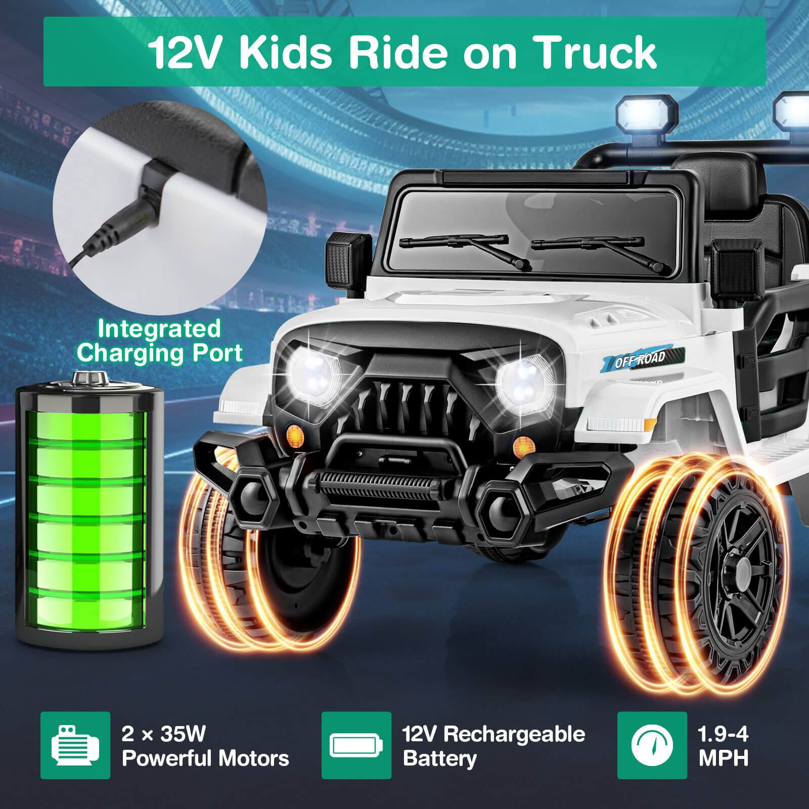 12V Kids Ride on Truck

- Integrated Charging Port
- 2 x 35W Powerful Motors
- 12V Rechargeable Battery
- 1.9-4 MPH