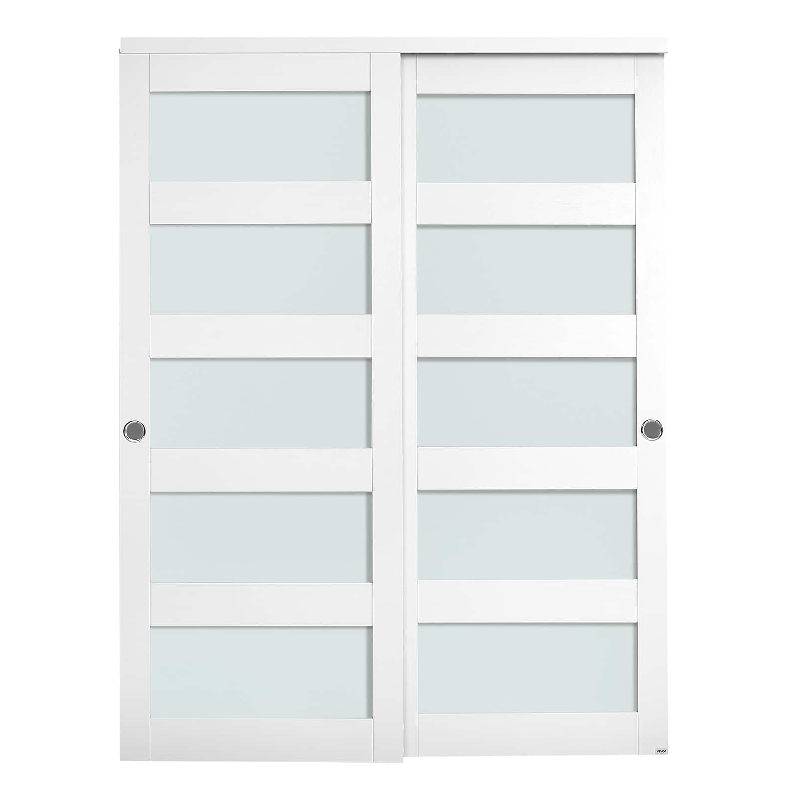VEVOR - Sliding Closet Door, 60" (Double 31") x 80", 5-Lite Frosted Glass Bypass Sliding Doors with Hardware Kit & Floor Guide - White