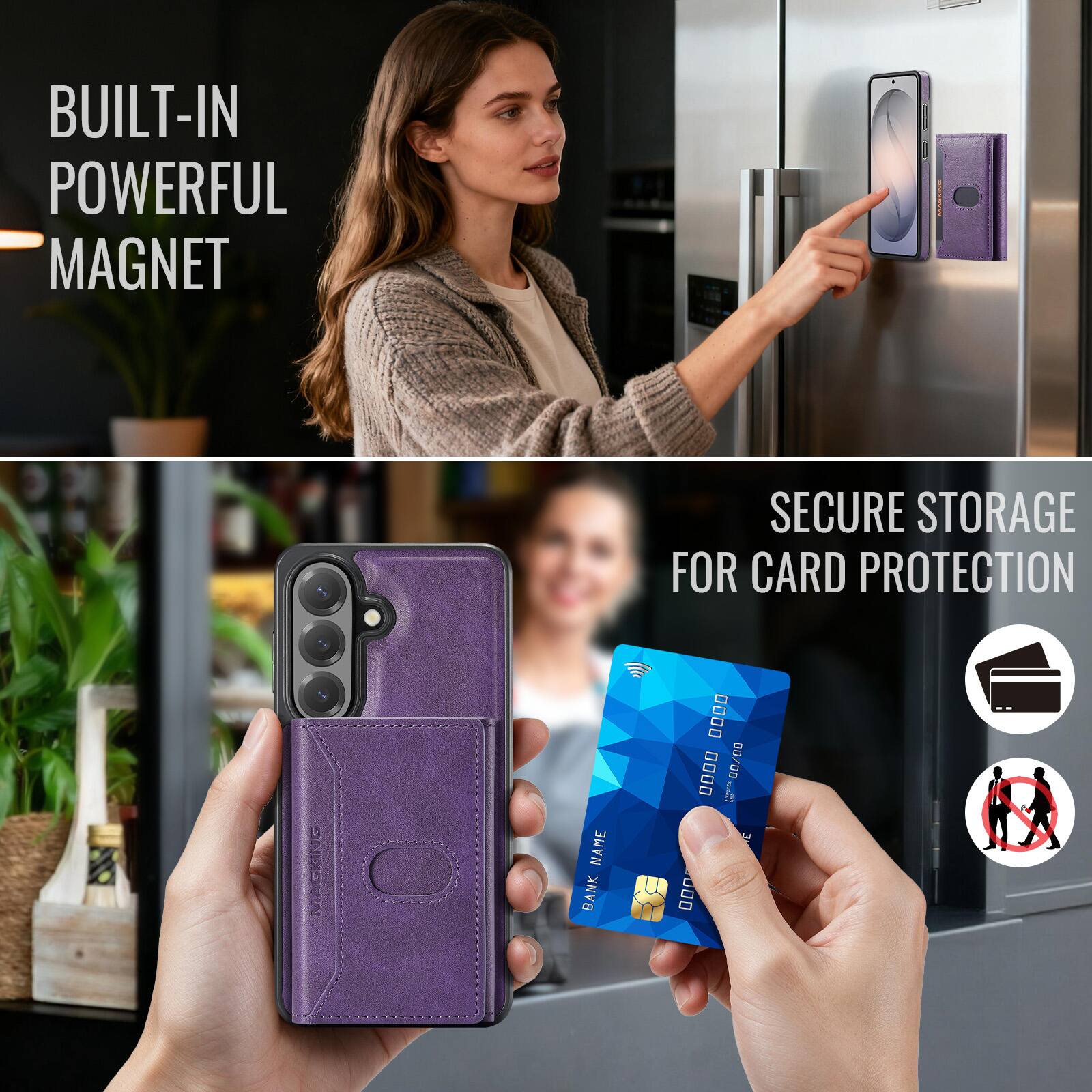 BUILT-IN POWERFUL MAGNET  
SECURE STORAGE FOR CARD PROTECTION  
MAGKING  
NAME BANK  
.... 0000 MONARES 00/00 3 000