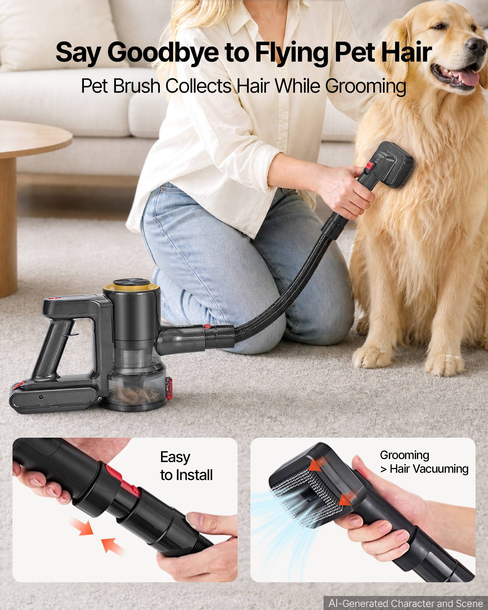 Say Goodbye to Flying Pet Hair  
Pet Brush Collects Hair While Grooming  

Easy to Install  
Grooming > Hair Vacuuming  

AI-Generated Character and Scene