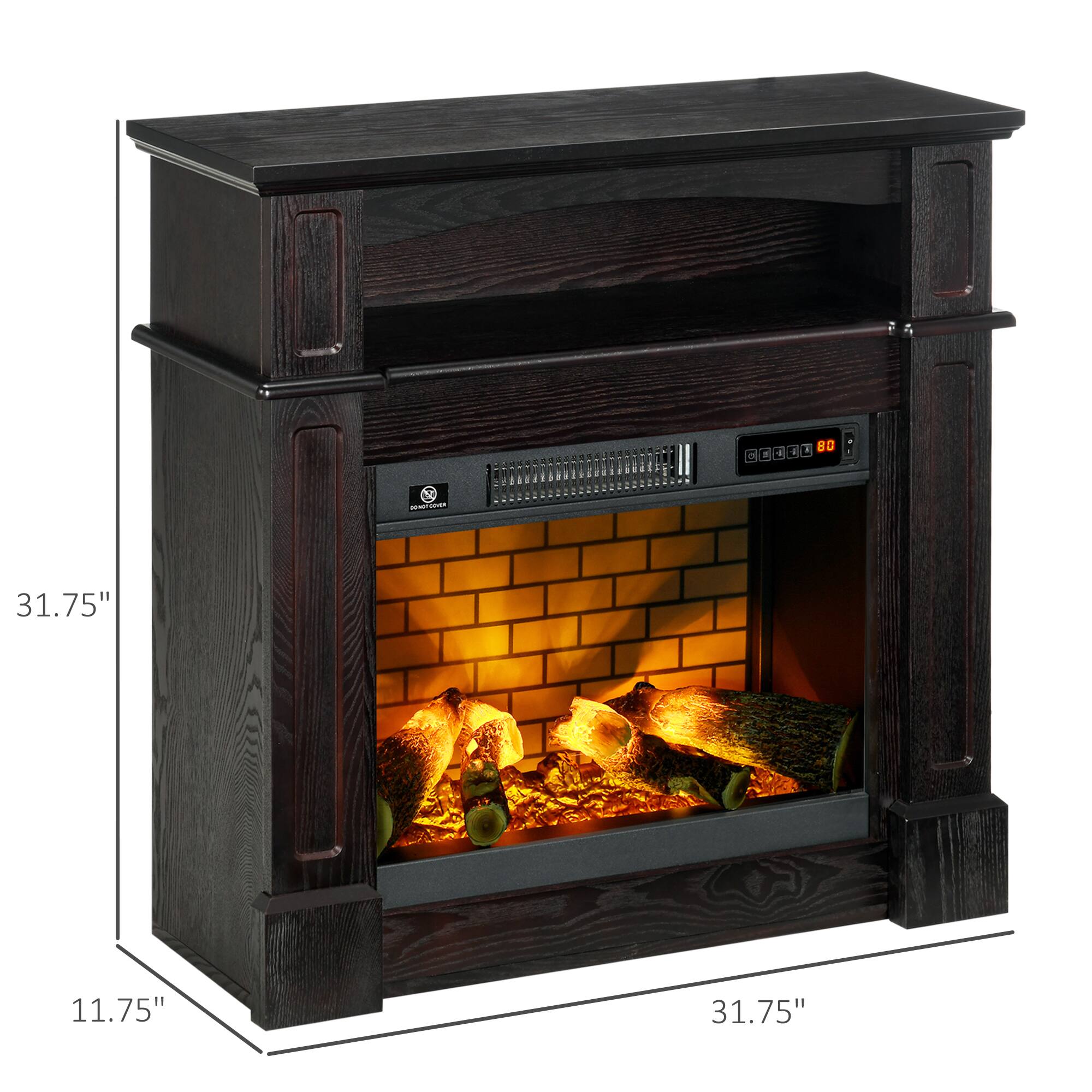 Left. Homcom - 32" Electric Fireplace with Mantel, 1400W Freestanding Heater with Shelf, LED Log Flame, and Remote Control.