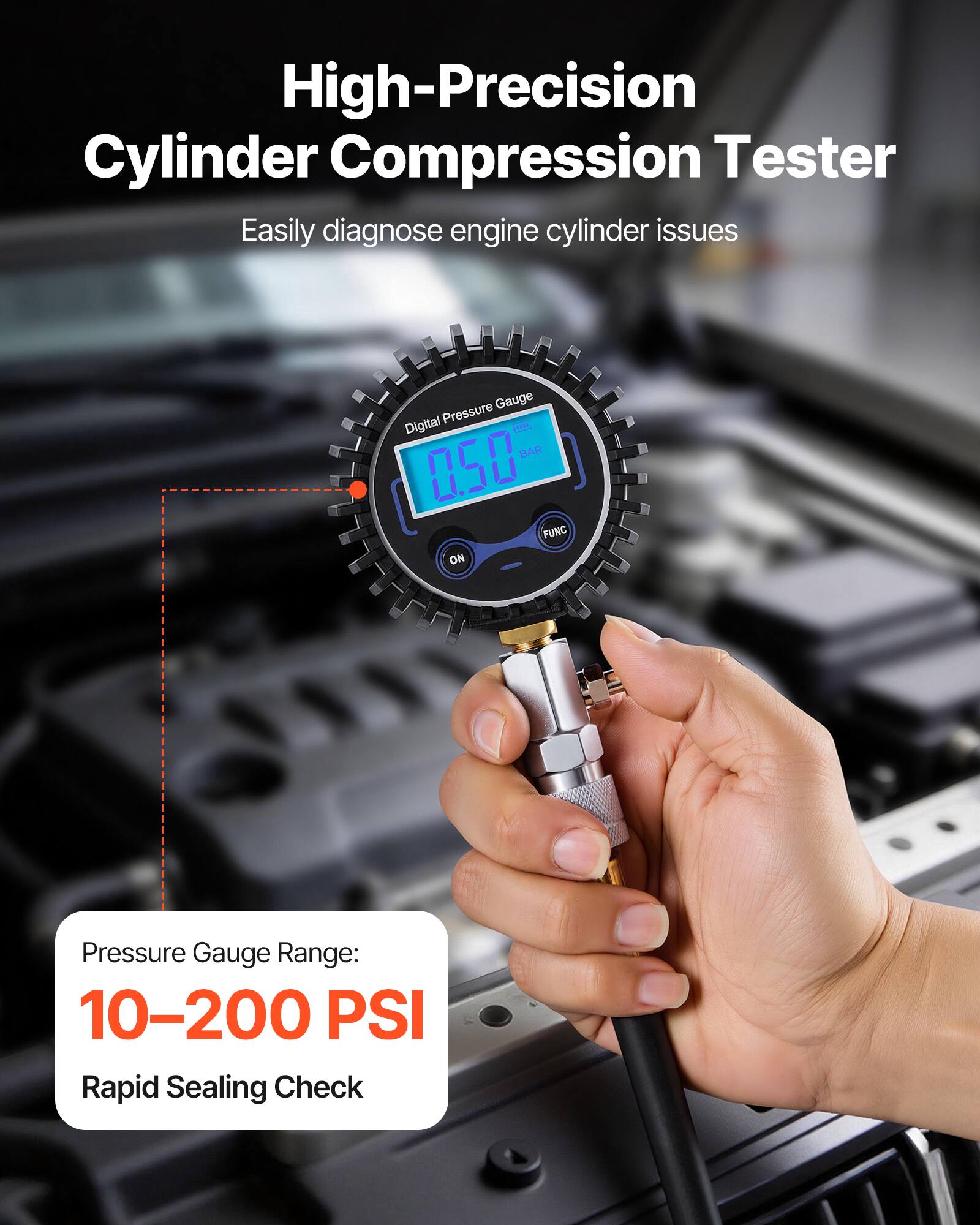 High-Precision Cylinder Compression Tester  
Easily diagnose engine cylinder issues  

Pressure Gauge Range: 10-200 PSI  
Rapid Sealing Check