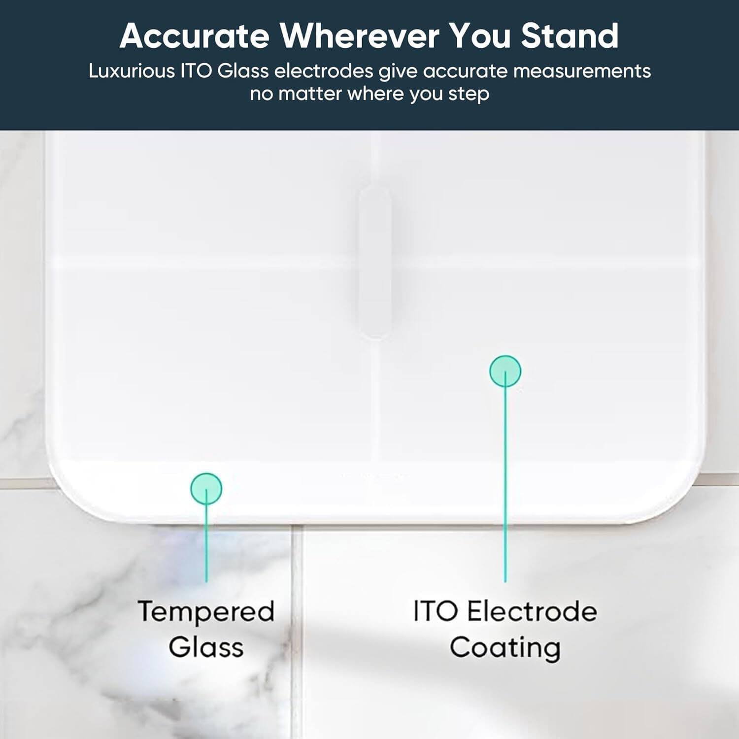 Accurate Wherever You Stand  
Luxurious ITO Glass electrodes give accurate measurements no matter where you step  

Tempered Glass  
ITO Electrode Coating