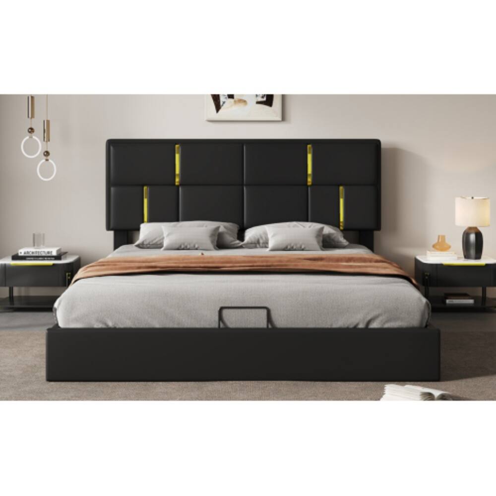 Alt View 1. LUCKY ONE - Queen Size Upholstered Platform Bed with Hydraulic Storage System, Soft Fabric Headboard, No Box Spring Needed - Black.