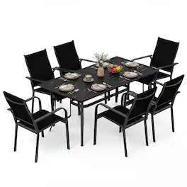 Gymax - 7PCS Patio Dining Set for 6 Metal Table w/Umbrella Hole & 6 Stackable Armchairs - Black