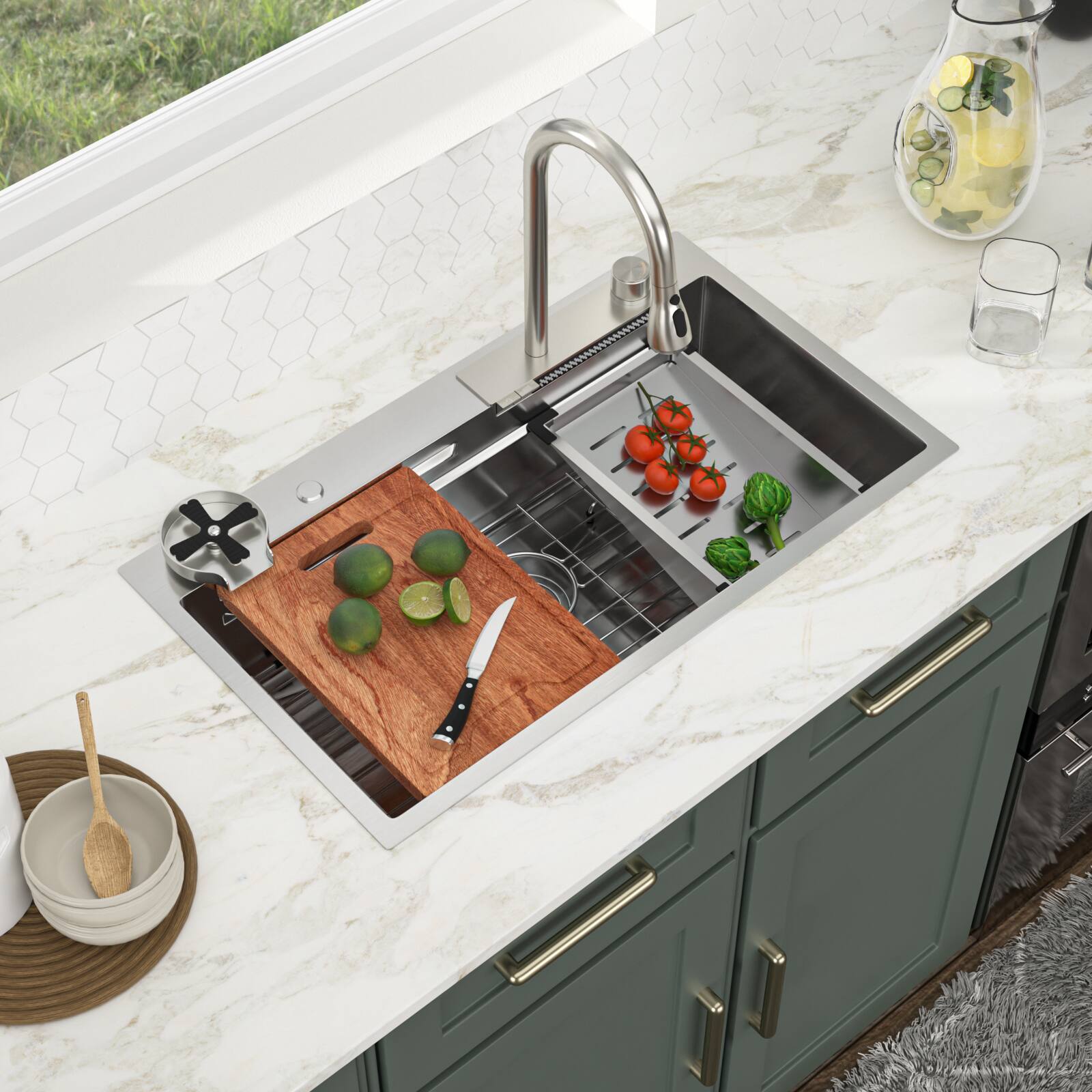 Angle. Lordear - 33x19x9 Inch Drop-In Single Bowl 16-Gauge Stainless Steel Brushed Workstation Waterfall Kitchen Sink with Faucet Combo - Brushed Nickel.