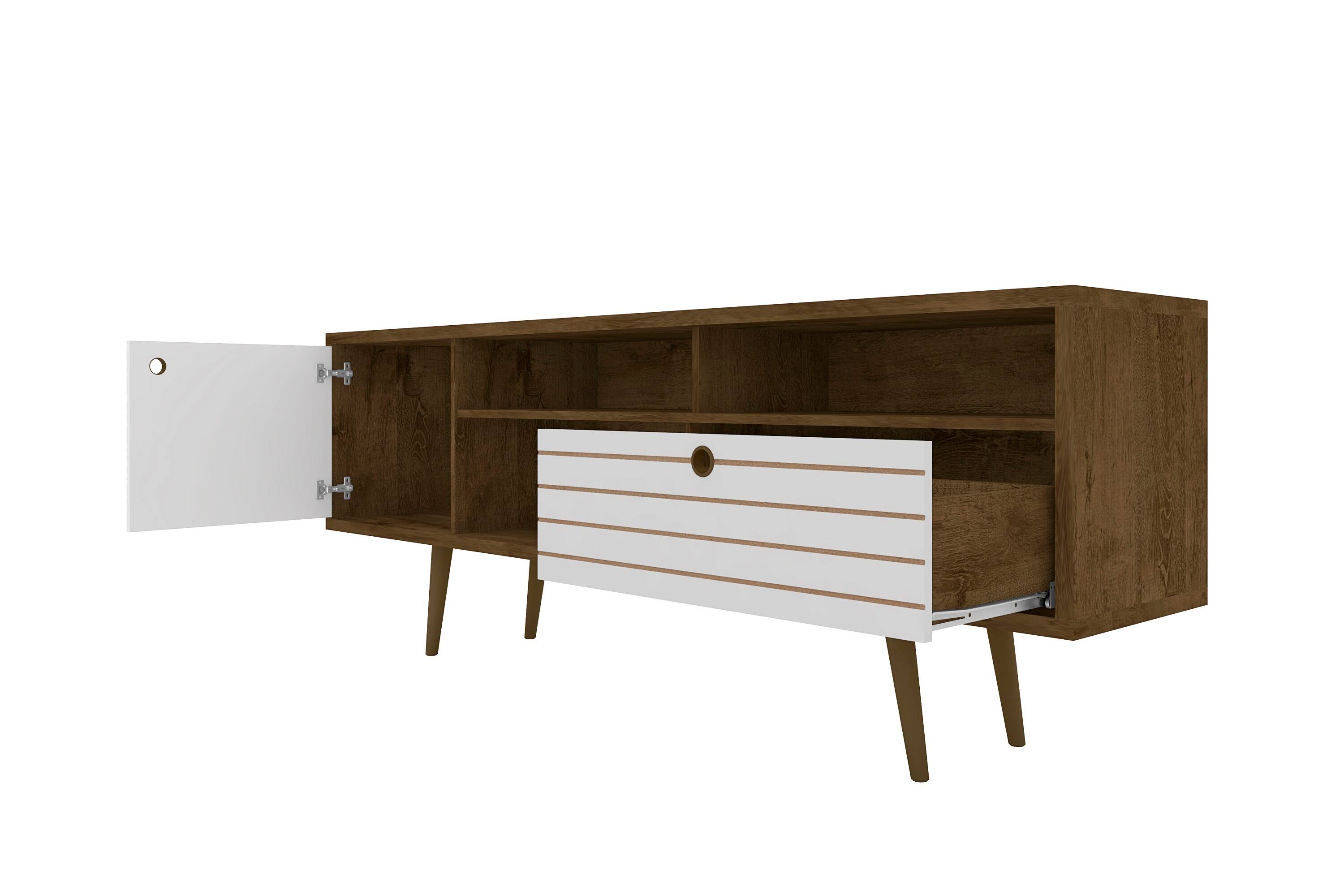 Back. TinyHomie - 71in TV Stand in Rustic Brown and White - Brown and White.
