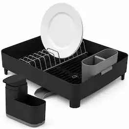 OU - Sink Organizer Set, Dish Rack with Drain Spout & 19 oz Soap Dispenser with Extended Sponge Holder - Black