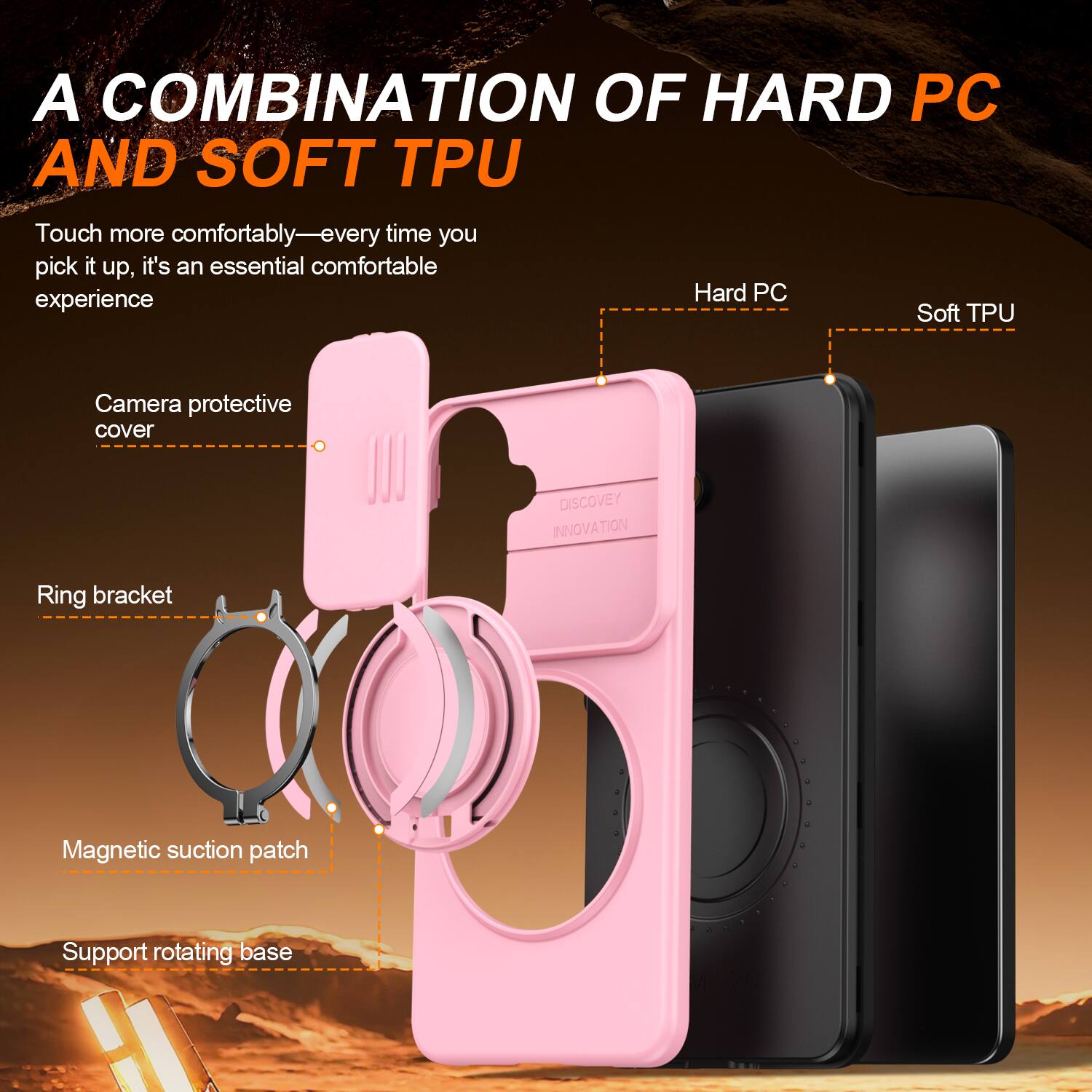 A COMBINATION OF HARD PC AND SOFT TPU

Touch more comfortably—every time you pick it up, it's an essential comfortable experience

Camera protective cover
Ring bracket
Magnetic suction patch
Support rotating base

Hard PC
Soft TPU