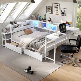 LUCKY ONE - Twin Size Corner Bed Frame with Bookcase and 2 Underbed Storage Drawers - White