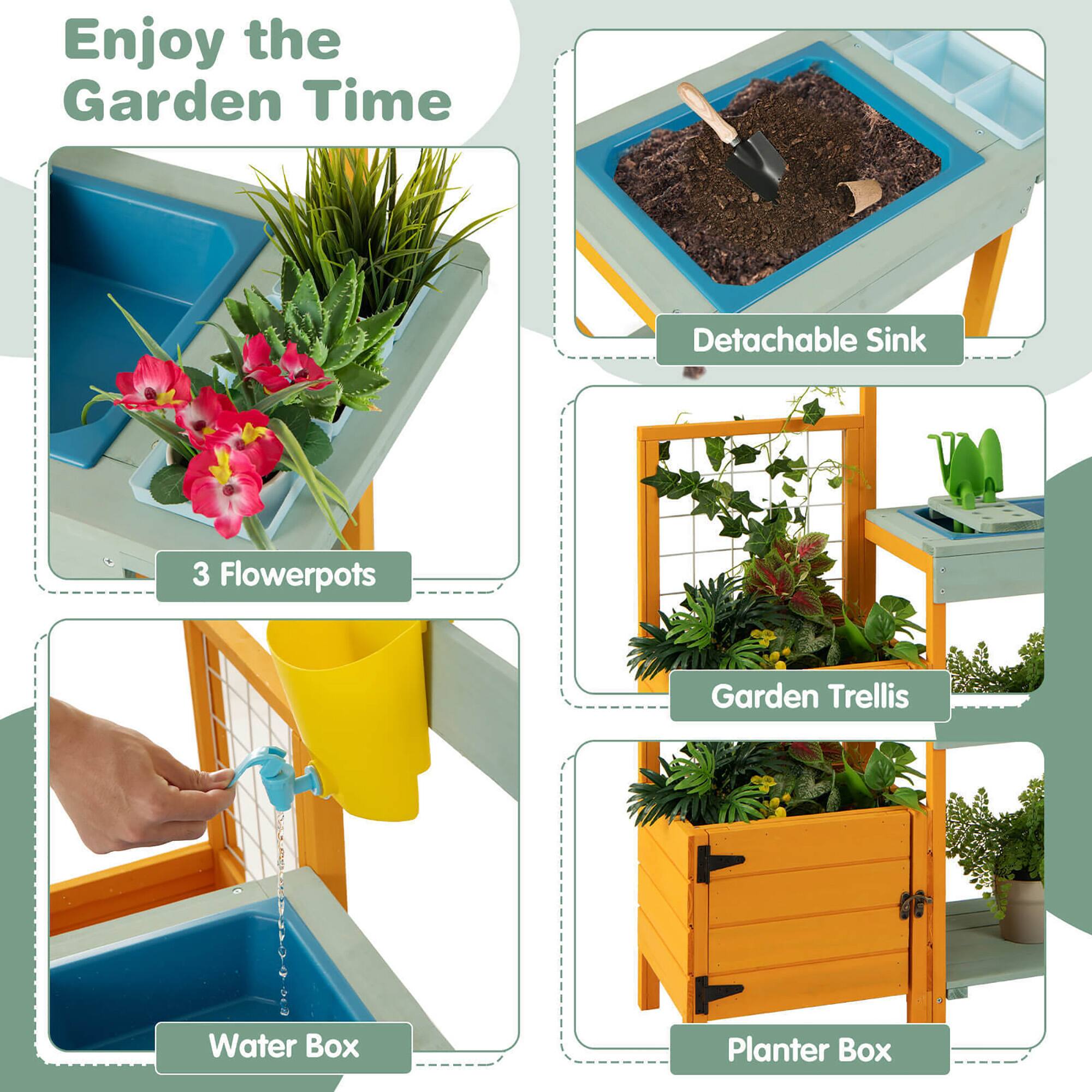 Enjoy the Garden Time

- Detachable Sink
- 3 Flowerpots
- Water Box
- Garden Trellis
- Planter Box