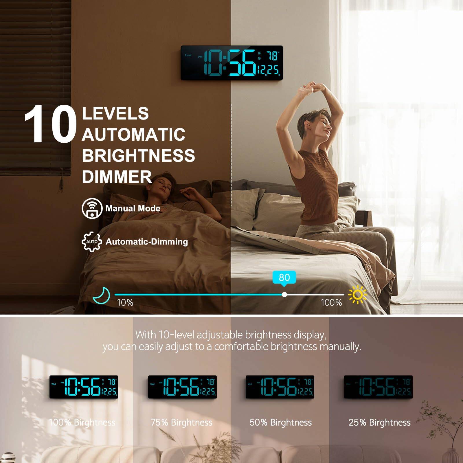 - 10 LEVELS AUTOMATIC BRIGHTNESS DIMMER
  - Manual Mode
  - AUTO Automatic-Dimming

With 10-level adjustable brightness display, you can easily adjust to a comfortable brightness manually.

100% Brightness
75% Brightness
50% Brightness
25% Brightness