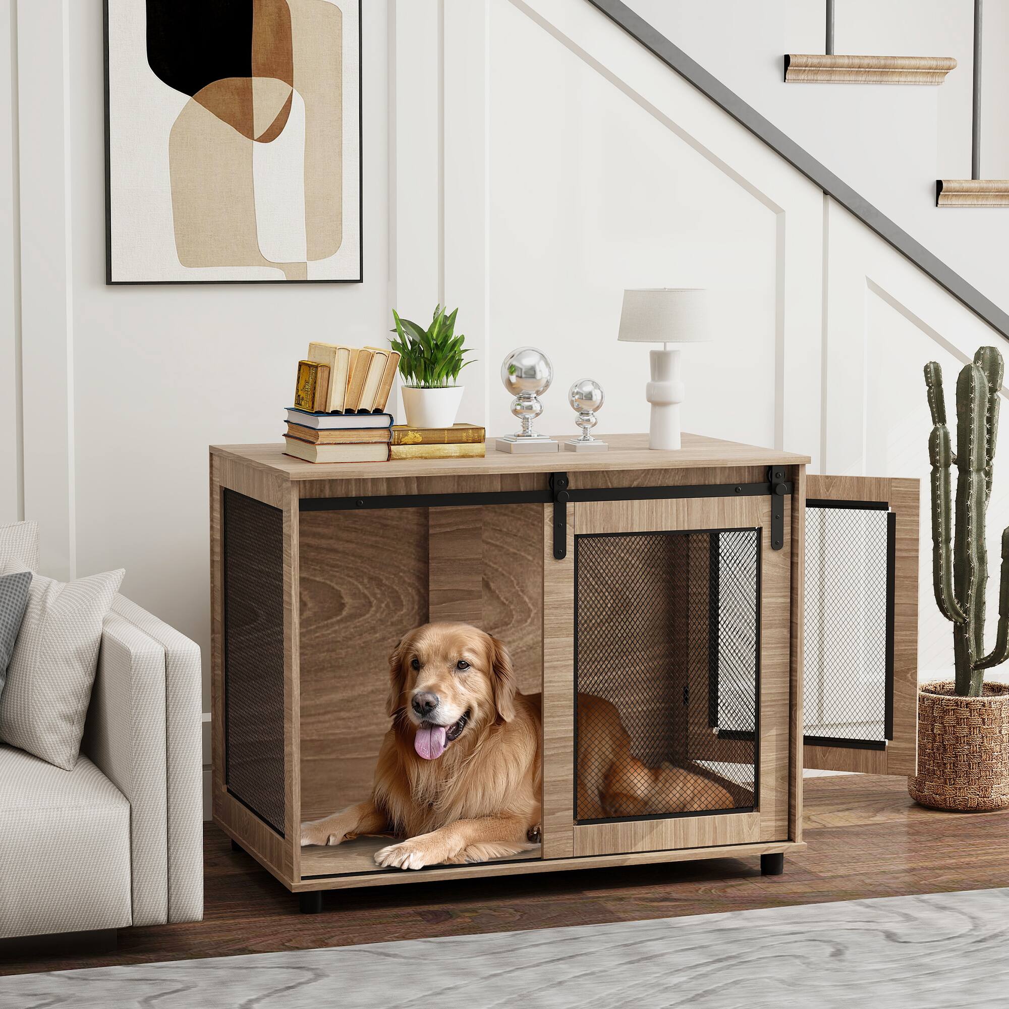 Angle. Pawhut - Dog Crate Furniture, 39" Dog Kennel Furniture End Table with Sliding Barn Door, Dog Cage Table for Large Dogs.