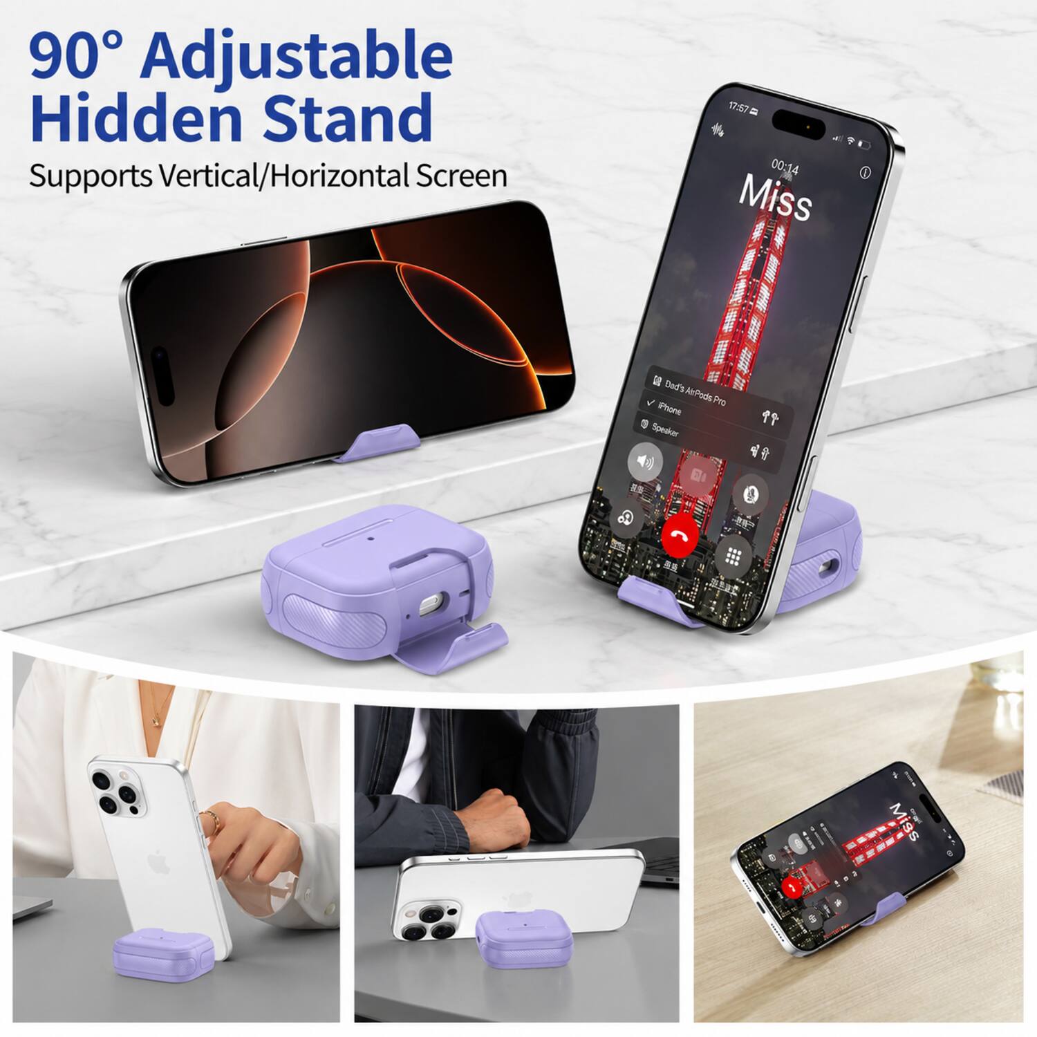 90° Adjustable Hidden Stand  
Supports Vertical/Horizontal Screen  

17:57 00:14 Miss  
Dad's AirPods iPhone Pro Speaker