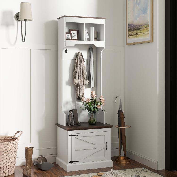 Alt View 2. PULUZ - 3-in-1 Hall Tree with Shoe Storage, Coat Rack with Bench, Entryway Furniture with Five Hooks - White Wood Grain.