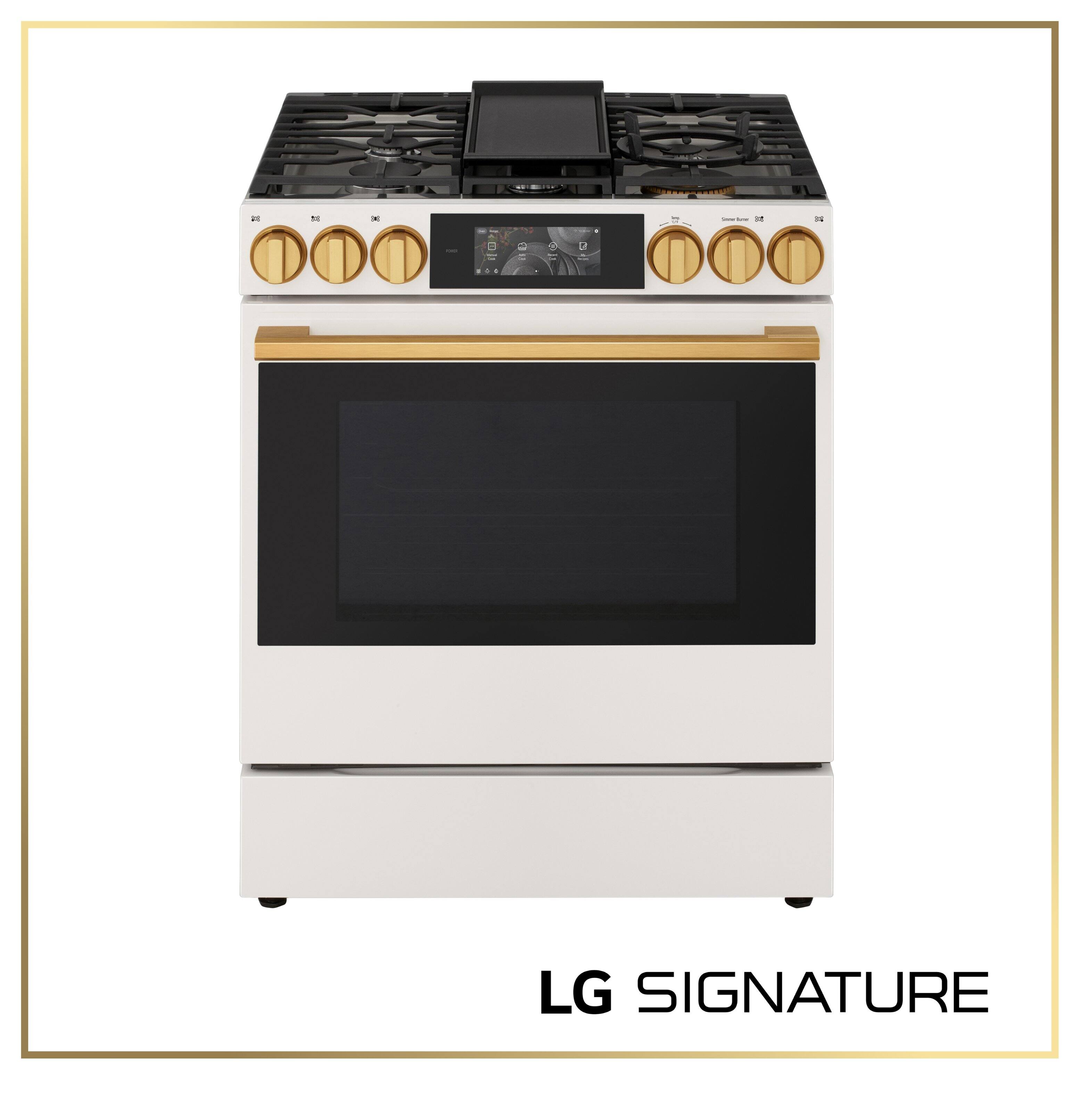 Angle. LG - SIGNATURE 30-in Wide 6.3 Cu. Ft. Slide-In Gas True Convection Smart Range with EasyClean and 6.8-in Color LCD Screen - Essence White.