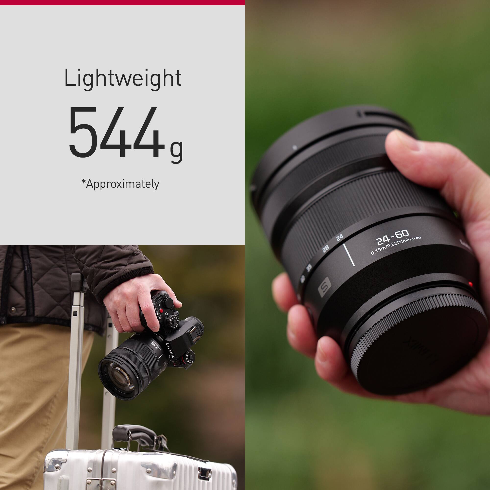 Lightweight 544g *Approximately 24-60mm f/2.1-2.8 lens.