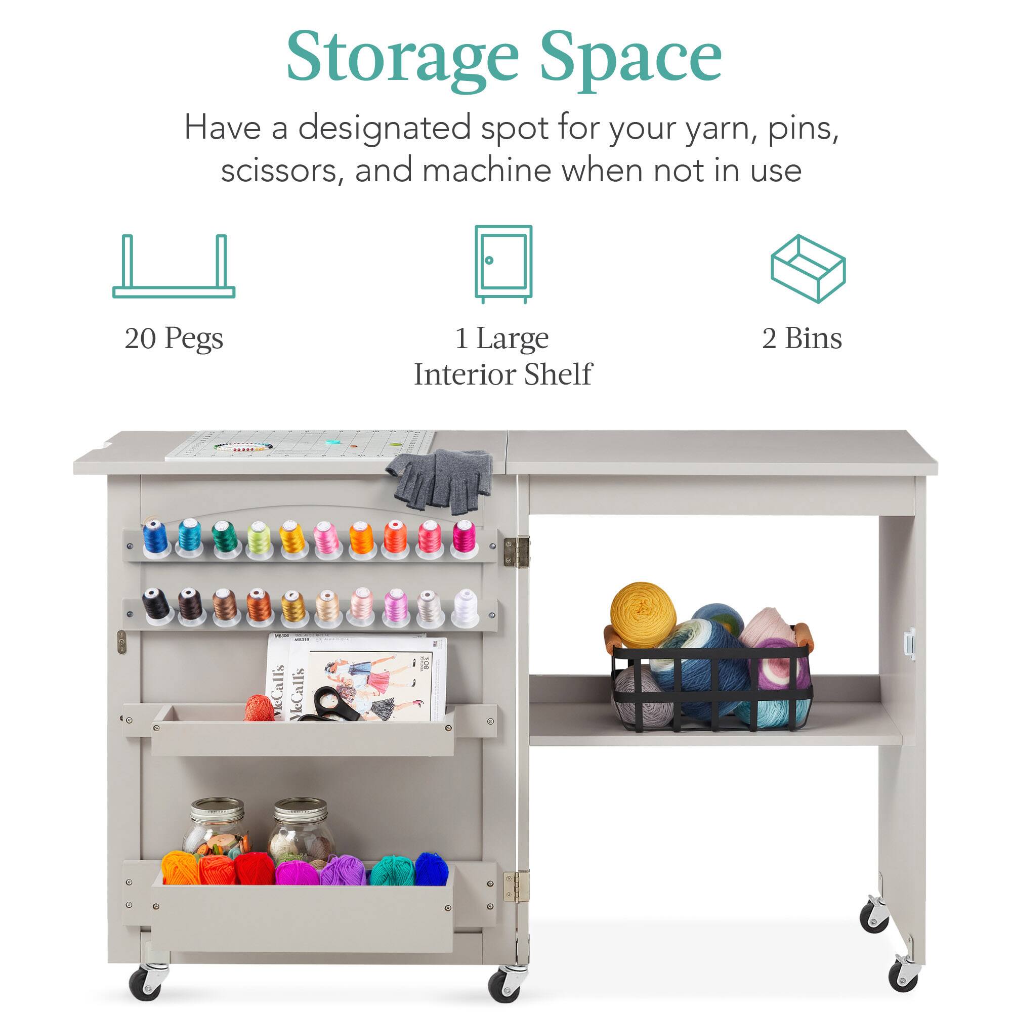Storage Space: Have a designated spot for your yarn, pins, scissors, and machine when not in use. 

- 20 Pegs
- 1 Large Interior Shelf
- 2 Bins