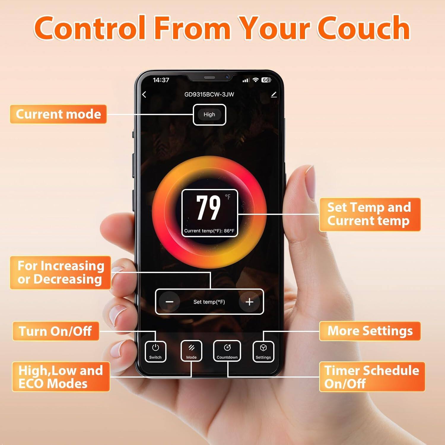 Control From Your Couch

- Current mode: High
- Current temp: 86°F
- Set Temp and Current temp
- For Increasing or Decreasing
- Turn On/Off
- High, Low and ECO Modes
- More Settings
- Timer Schedule On/Off