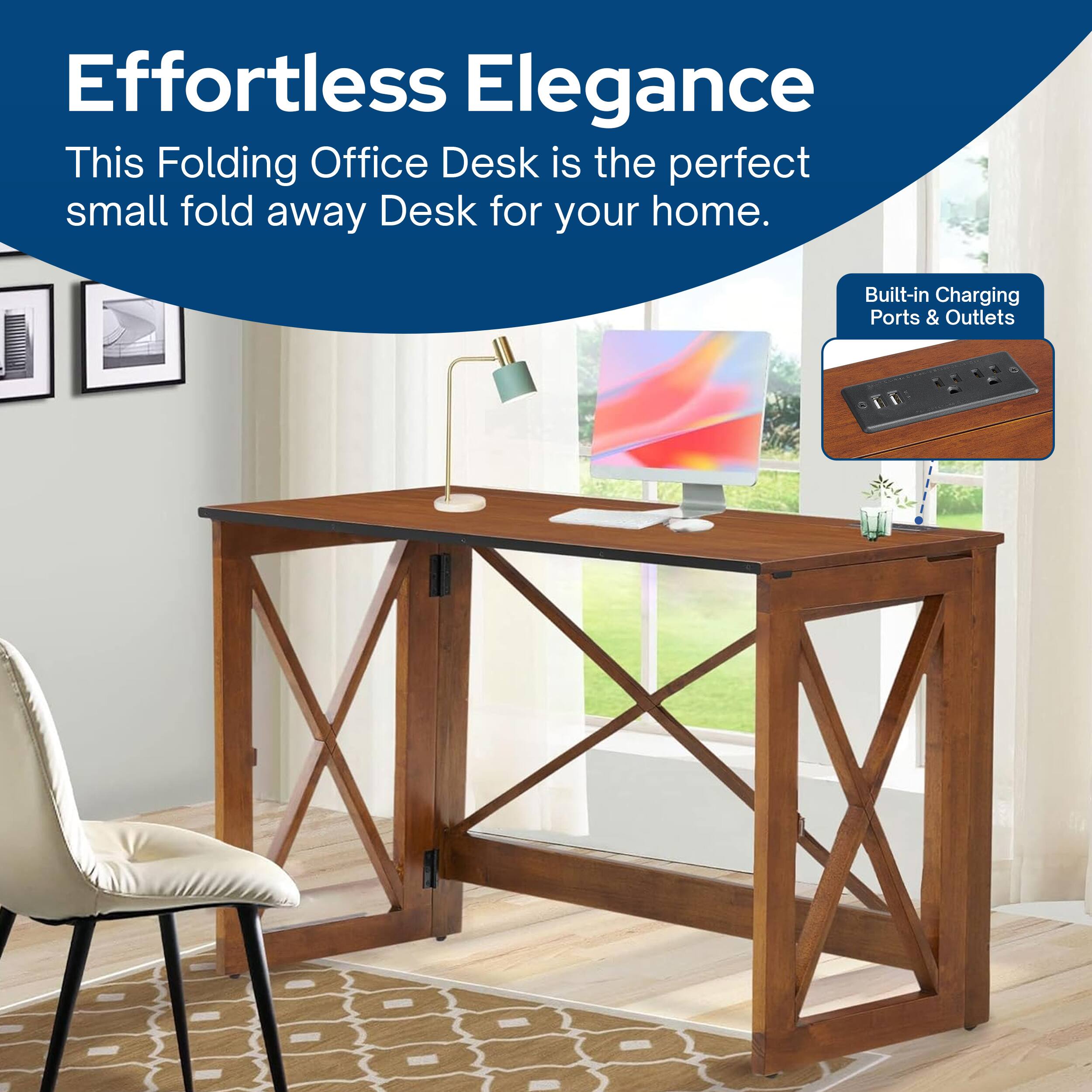 Effortless Elegance  
This Folding Office Desk is the perfect small fold away Desk for your home.  
Built-in Charging Ports & Outlets