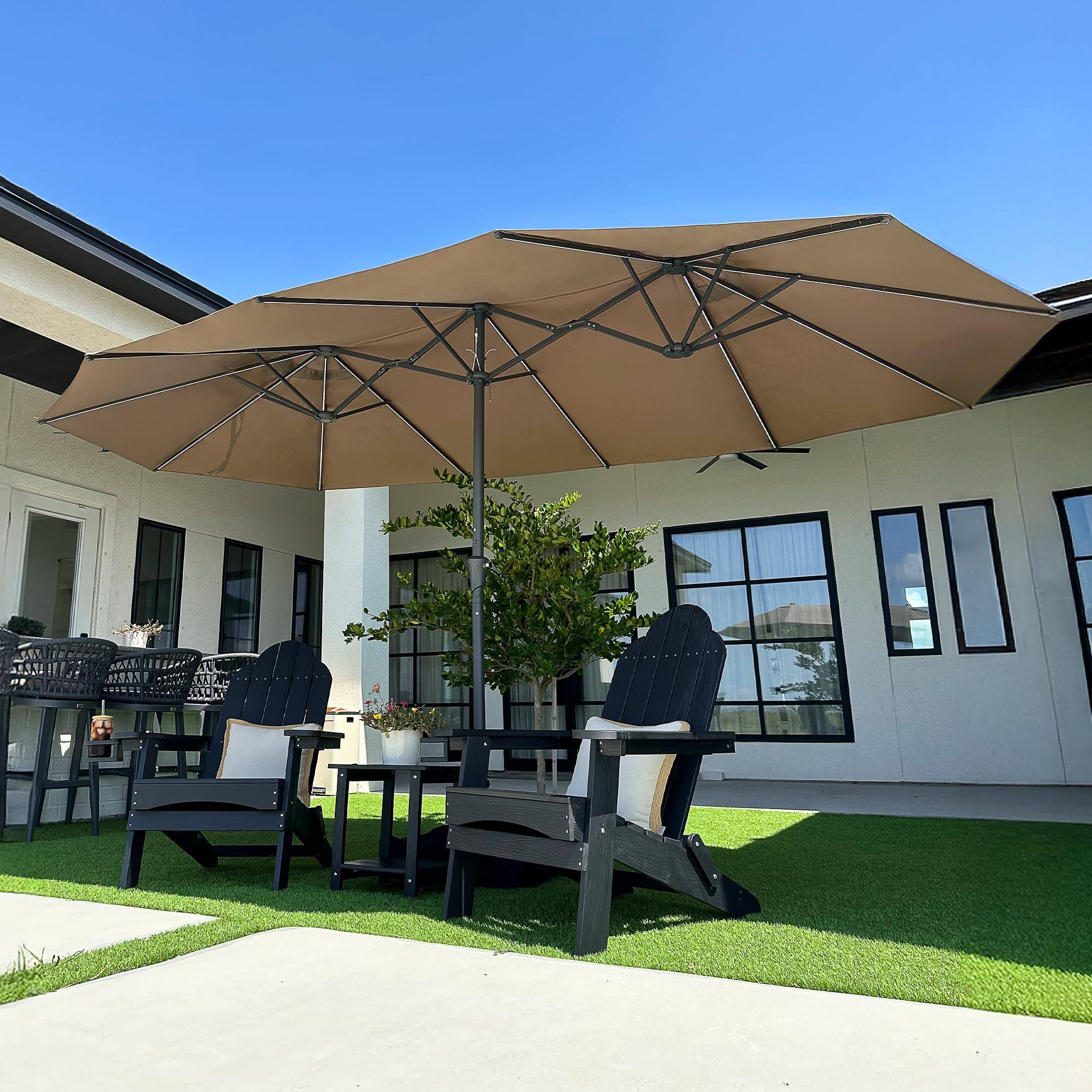 Alt View 1. PURPLE LEAF - 14 ft. Patio Market Umbrella with Solar LED and Base Double-Sided Outdoor Table Sun Umbrellas for Pool Deck Backyard - Taupe.
