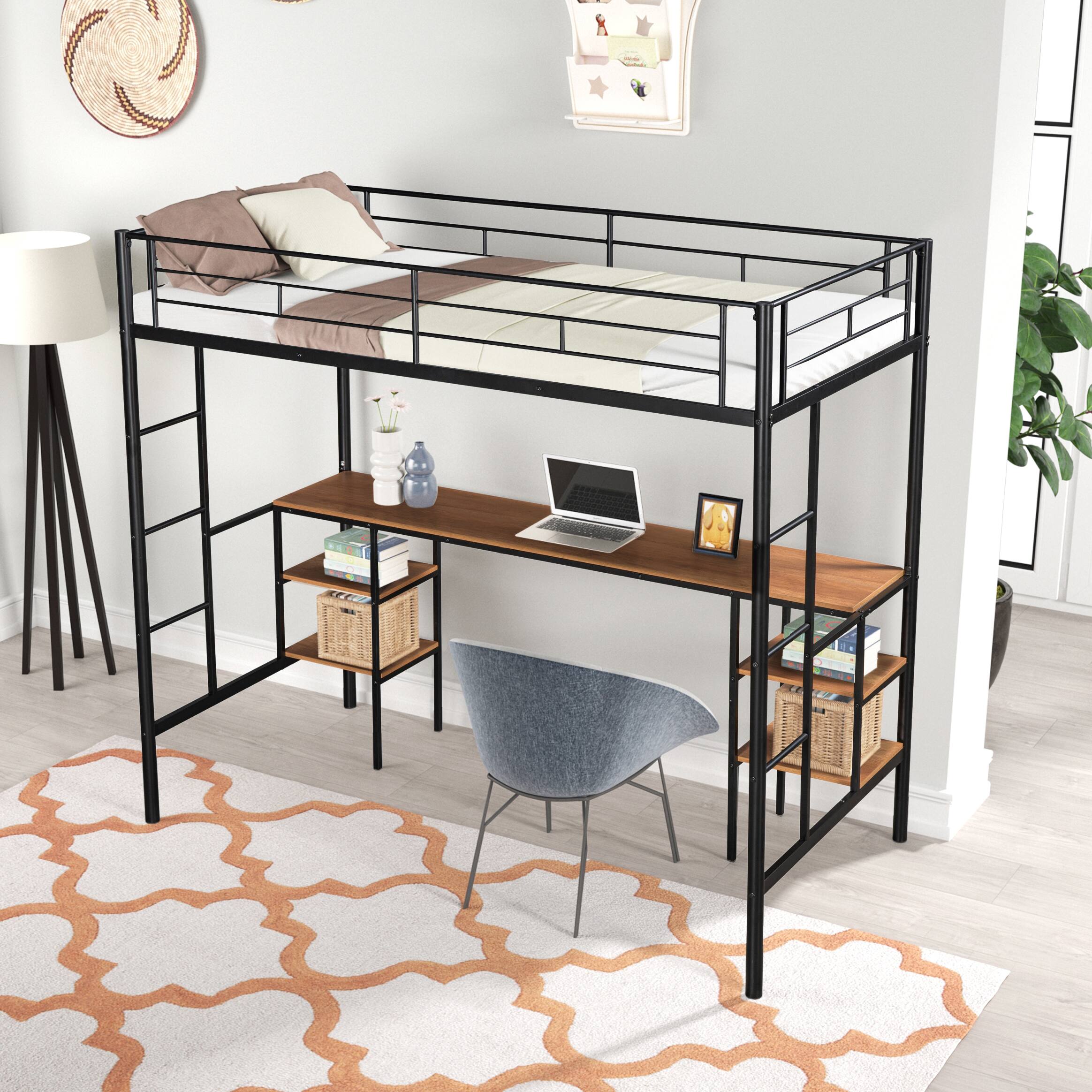 Front. Spaco - Spaco Twin Size Loft Bed with Built In Desk, Shelves, Heavy Duty Metal Frame, Safety Guardrails, for Bedroom Kids Room - Black.
