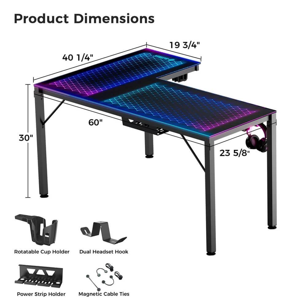 Product Dimensions
40 1/4"
19 3/4"
60"
30"
23 5/8"

Features:
- Rotatable Cup Holder
- Dual Headset Hook
- Power Strip Holder
- Magnetic Cable Ties