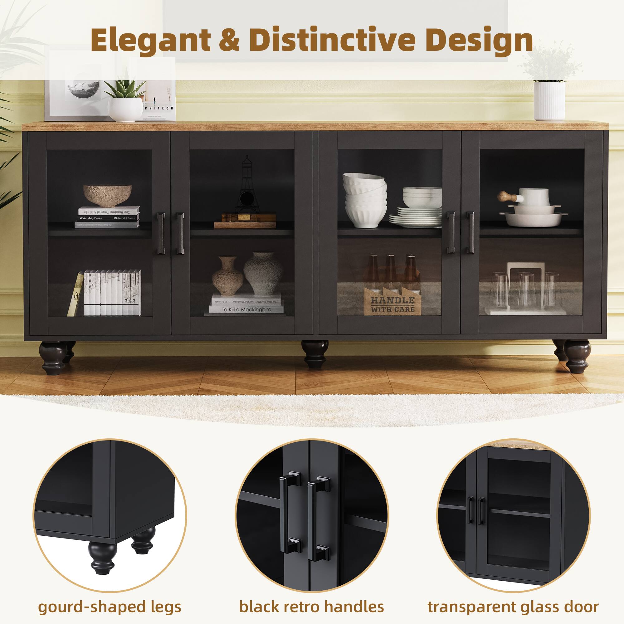 Elegant & Distinctive Design

- gourd-shaped legs
- black retro handles
- transparent glass door