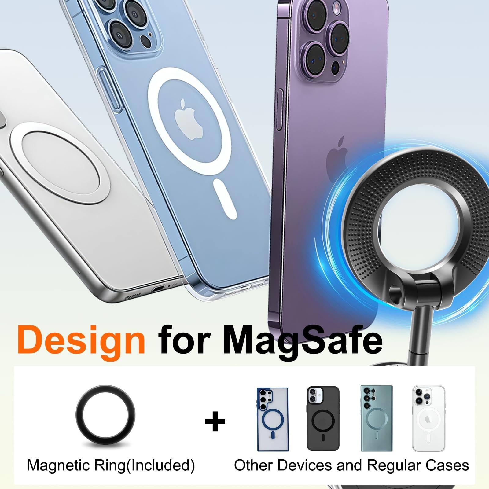 Design for MagSafe

Magnetic Ring (Included) + Other Devices and Regular Cases