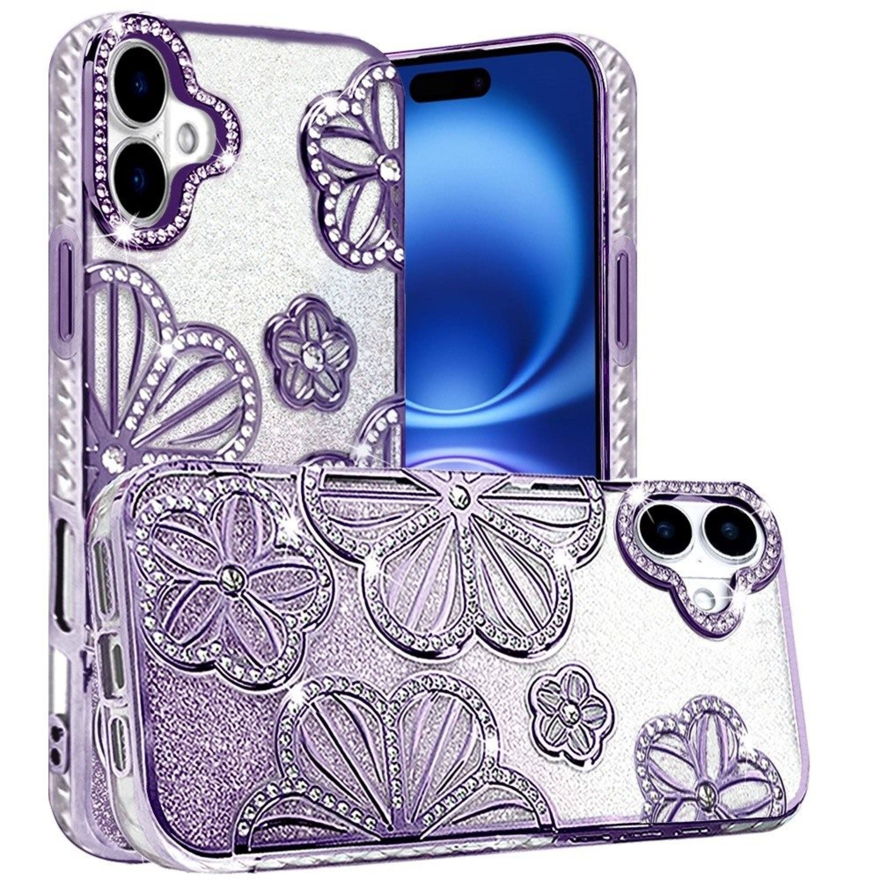 Angle. Kitcheniva - 3D Floral Glitter Phone Case With Tempered Glass For iPhone 17 Purple - Purple.