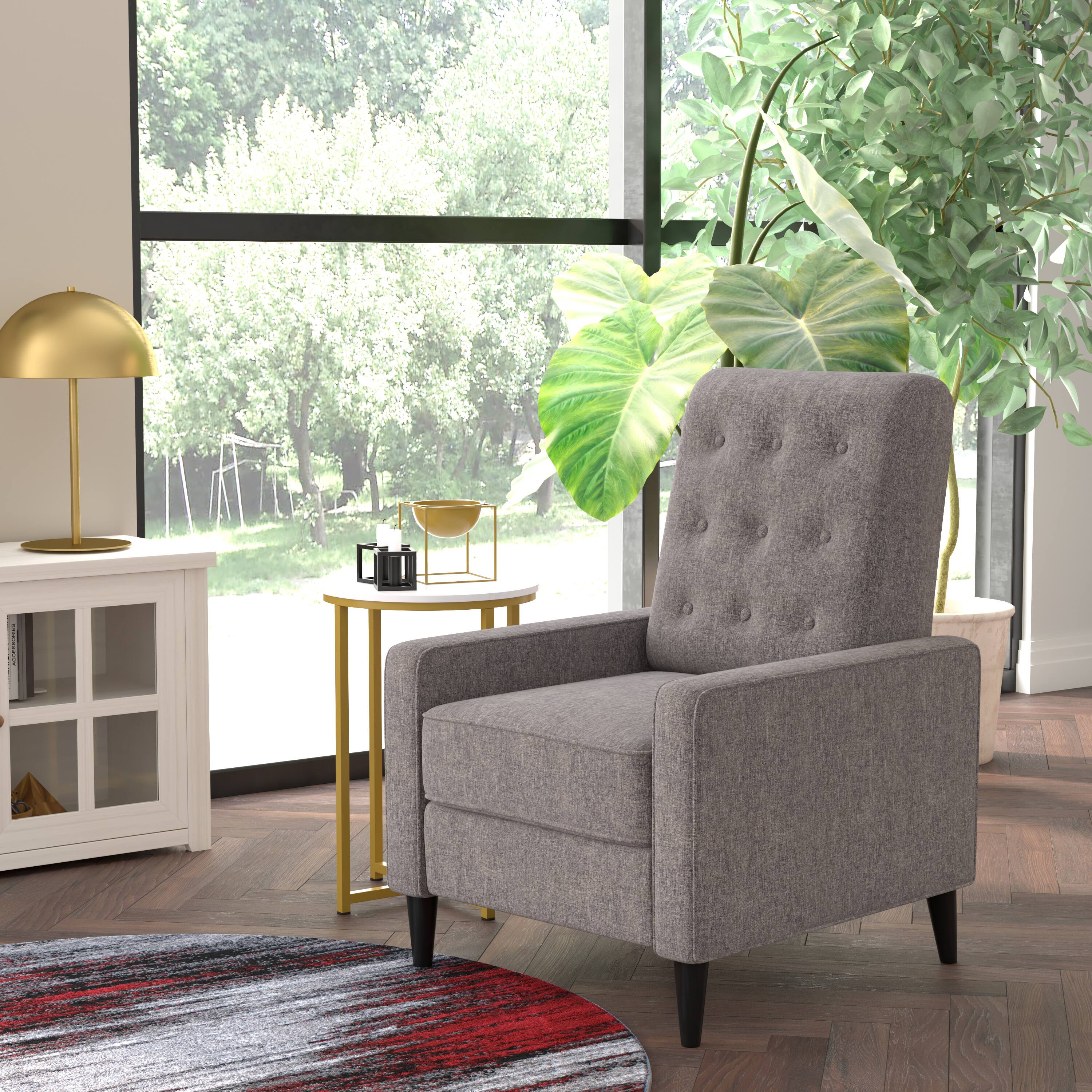 Alt View 1. Emma + Oliver - Jules Mid-Century Modern Button Tufted Upholstered Easy Pushback Recliner with Wooden Legs - Gray.