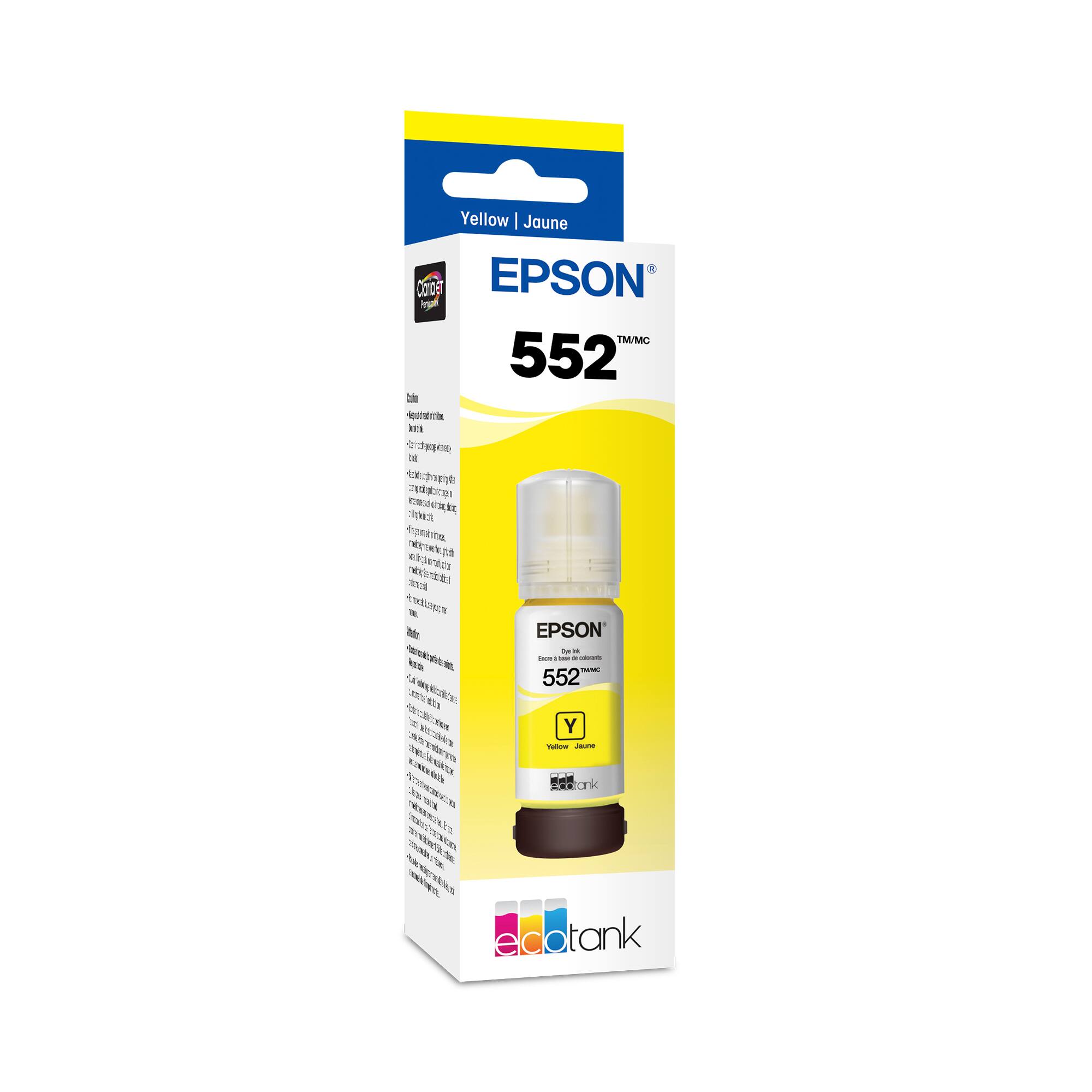The text on the image is in French, so I cannot group and correct it. However, I can provide a general description of the image. The image features a yellow box with a black border that contains a yellow bottle of Epson ink. The box is likely a packaging for the ink cartridge.